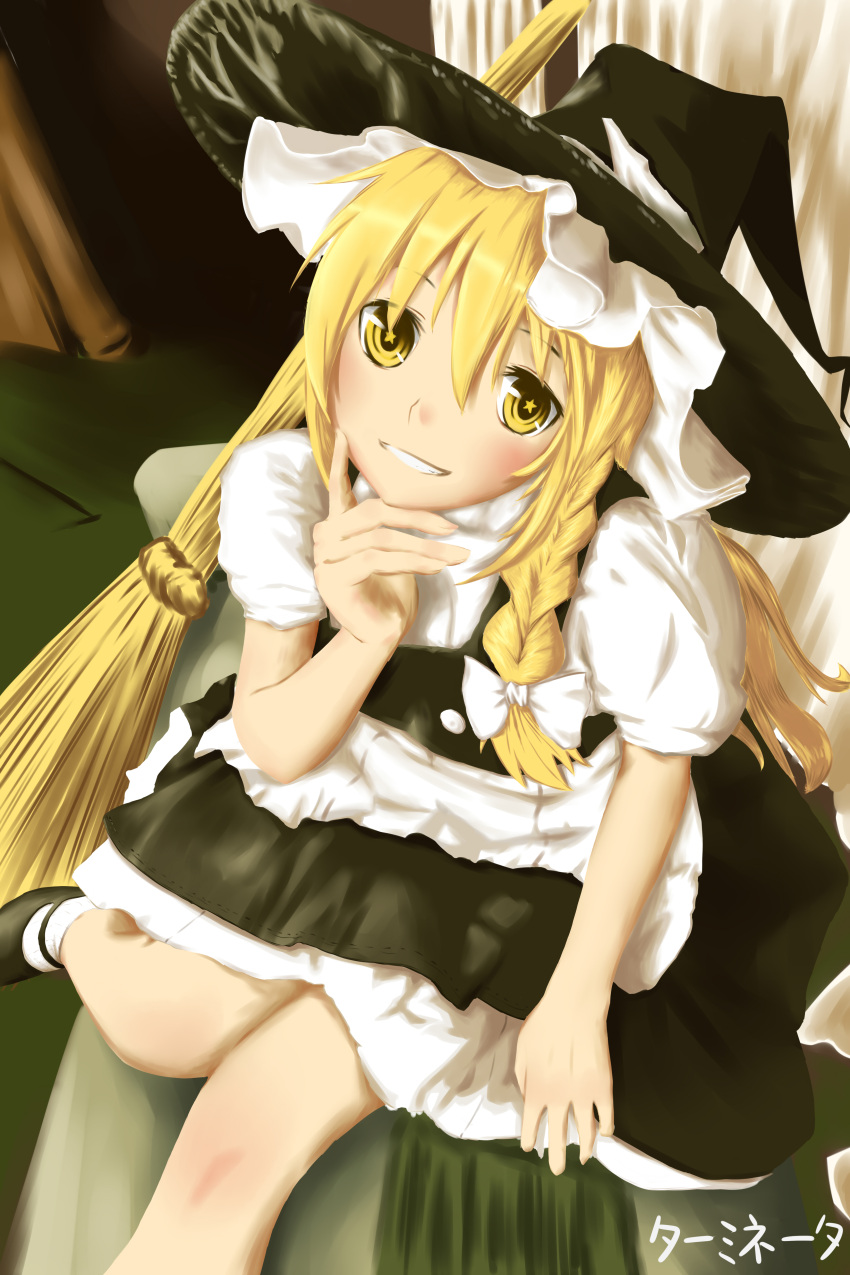 1girl absurdres apron blonde_hair blush braid broom chin_rest from_above grin hat highres kikai_no_tenshi kirisame_marisa knees_together_feet_apart long_hair looking_at_viewer looking_up mary_janes puffy_short_sleeves puffy_sleeves shoes short_sleeves single_braid sitting skirt smile solo star star-shaped_pupils symbol-shaped_pupils touhou witch_hat yellow_eyes