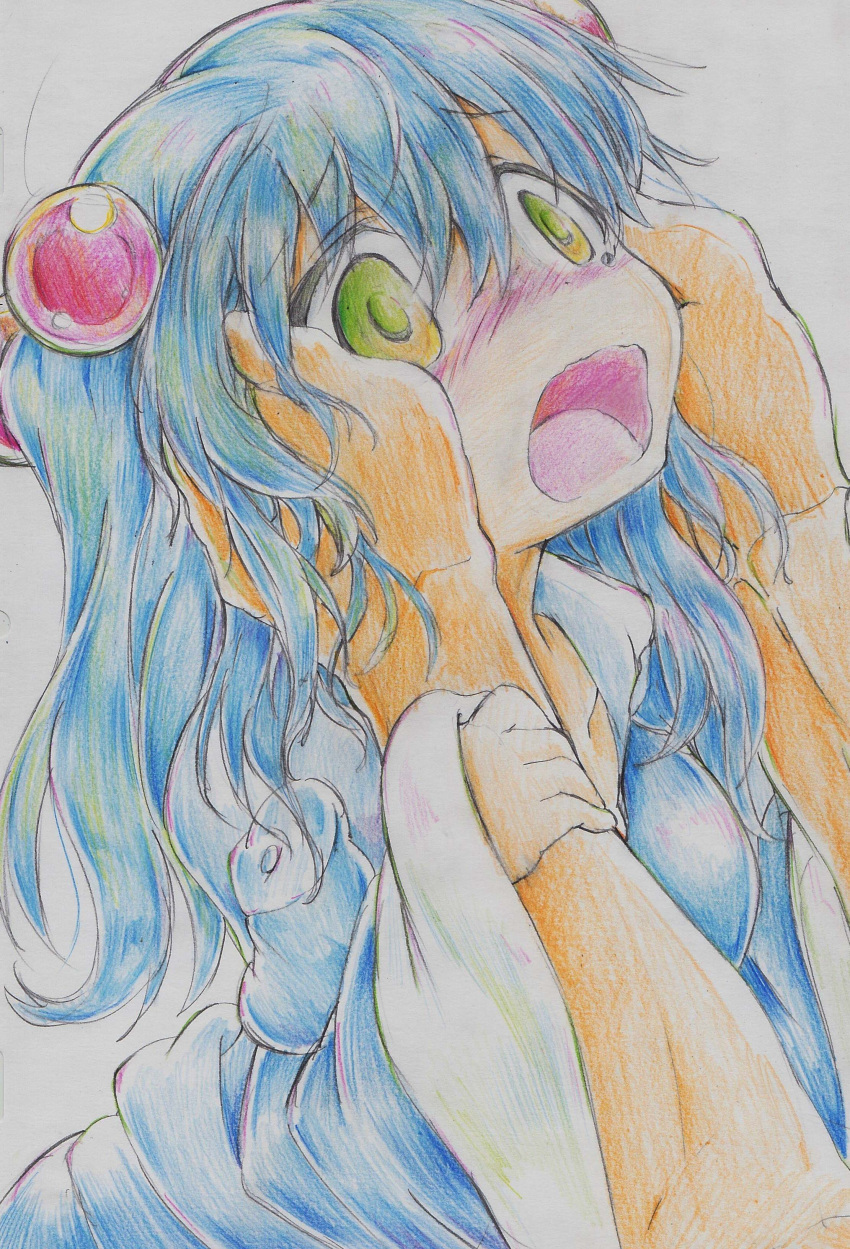 1girl absurdres blue_hair blush colored_pencil_(medium) commentary_request green_eyes hair_bobbles hair_ornament hands_on_another's_cheeks hands_on_another's_face highres kawashiro_nitori kitazinger long_sleeves open_mouth pov_hands shirt skirt touhou traditional_media two_side_up wide_sleeves