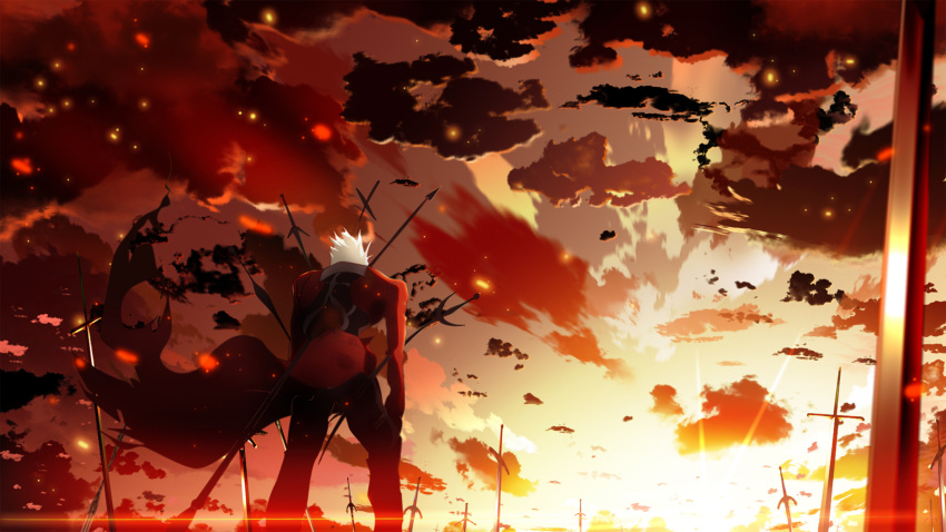 1boy archer fate/stay_night fate_(series) field_of_blades from_behind highres impaled skyt2 solo unlimited_blade_works white_hair