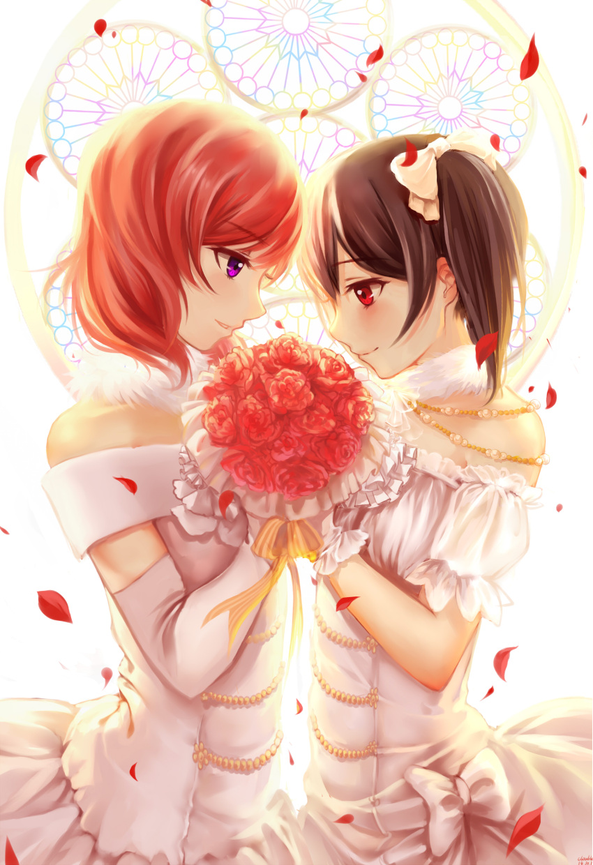 2girls absurdres bare_shoulders black_hair blush bouquet bow clouble dated dress elbow_gloves flower fur_trim gloves hair_bow highres looking_at_another love_live!_school_idol_project multiple_girls nishikino_maki petals red_eyes redhead short_hair signature smile twintails violet_eyes wedding_dress white_gloves yazawa_nico yuri