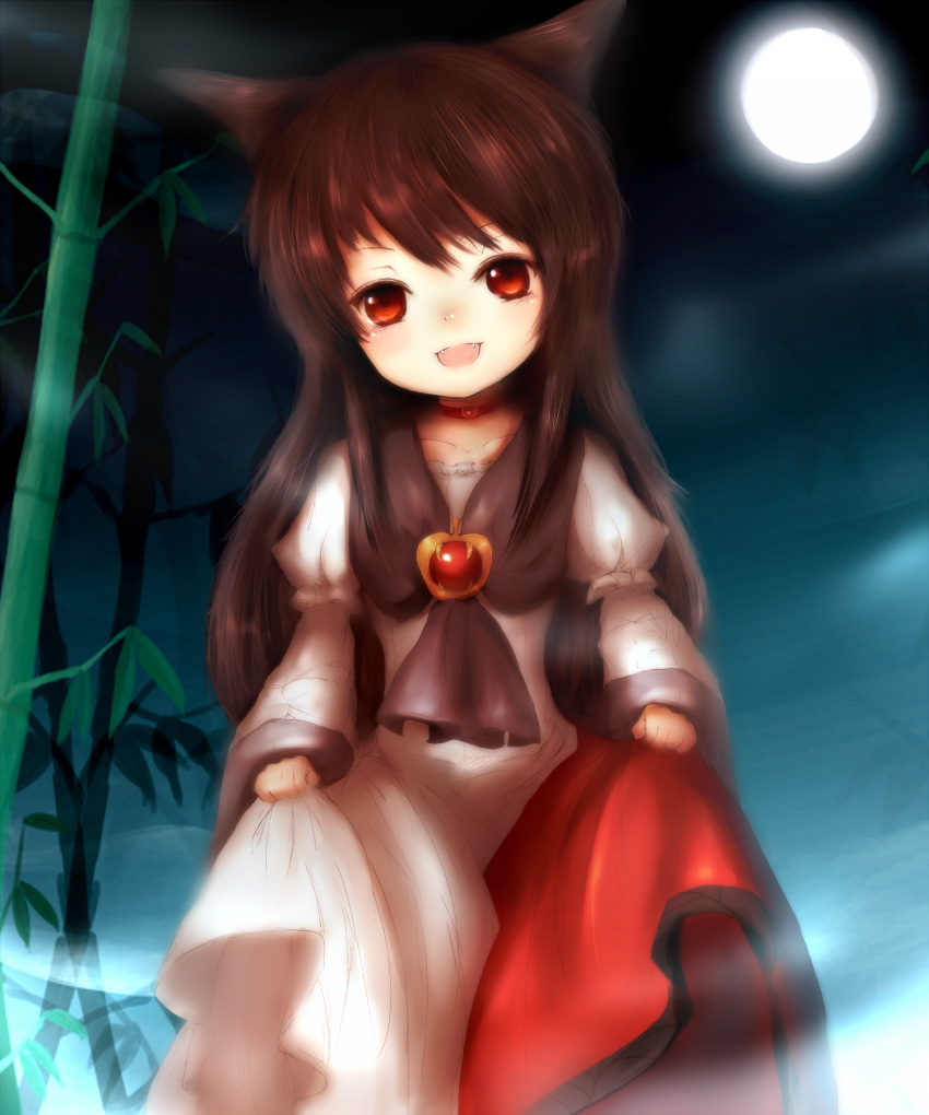 1girl :d amanojaku animal_ears bamboo brooch brown_hair dress dress_lift fang fangs full_moon highres imaizumi_kagerou jewelry juliet_sleeves long_hair long_sleeves moon neckerchief night open_mouth puffy_sleeves red_eyes revision smile touhou very_long_hair wolf_ears