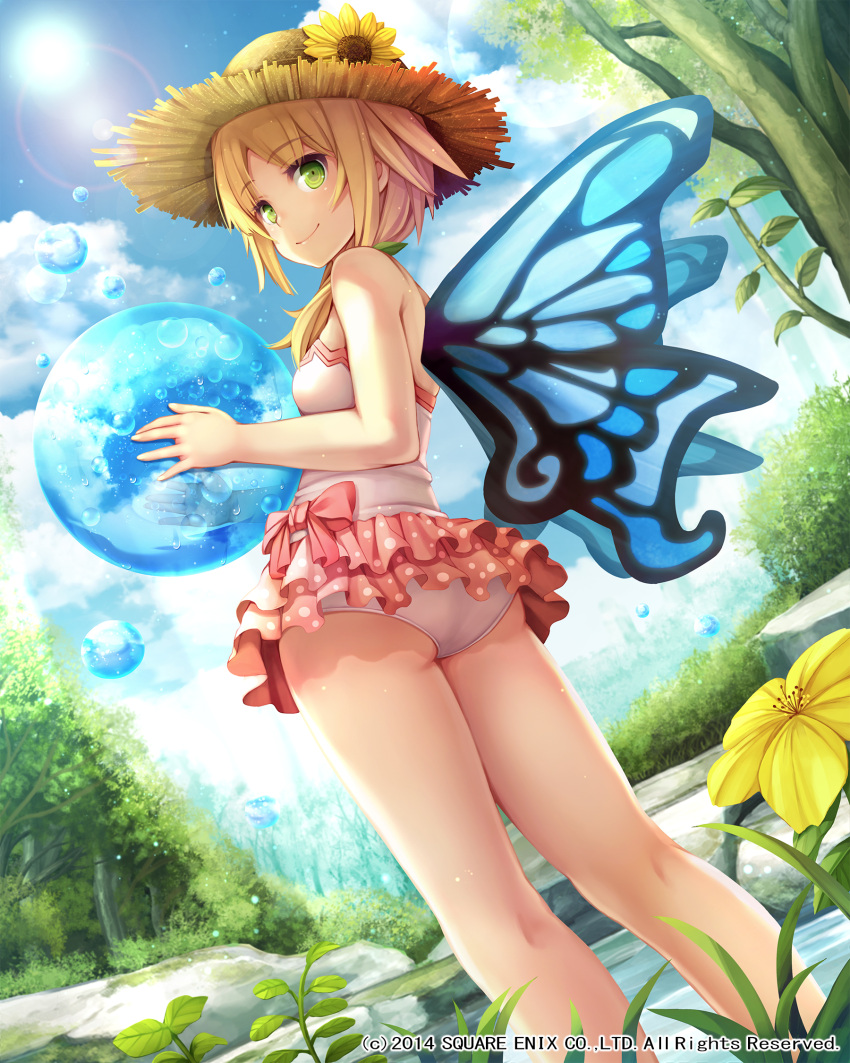 1girl bare_shoulders blonde_hair clouds flower from_behind green_eyes hat highres holding lens_flare looking_at_viewer looking_back lost_crusade namaru_(summer_dandy) one-piece_swimsuit short_hair sky smile solo sun sun_hat swimsuit tree water wings