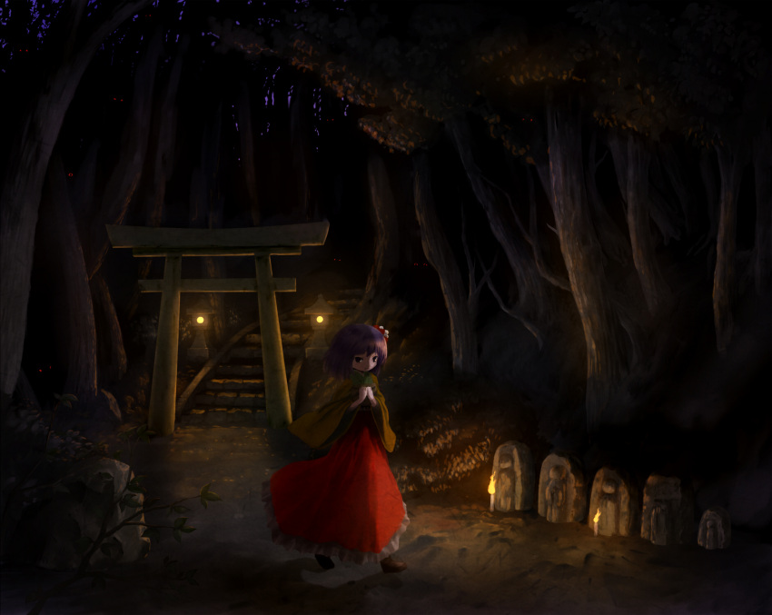 1girl arinu candle flower forest glowing glowing_eyes hair_flower hair_ornament hieda_no_akyuu highres japanese_clothes kimono long_sleeves nature night path purple_hair red_eyes road solo stairs statue torii touhou violet_eyes wide_sleeves