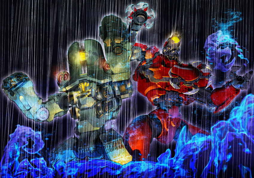 arms_up blood cherno_alpha crimson_typhoon glowing highres mecha miwa_shirou night no_humans pacific_rim rain science_fiction super_robot