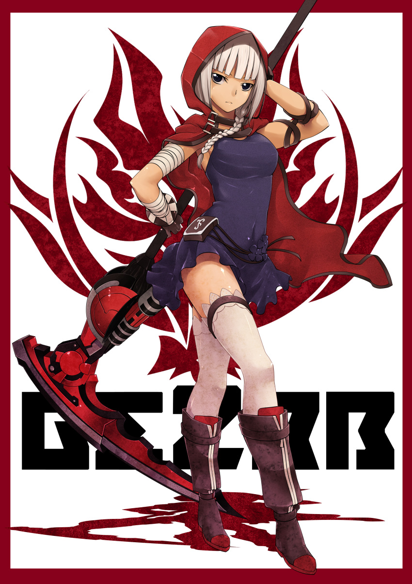 1girl absurdres bandages blue_eyes boots border braid cloak copyright_name covered_navel dress god_eater god_eater_2_rage_burst highres hooded_cloak huge_weapon livie_collet long_hair pouch puroheshi scythe shadow single_braid solo thigh-highs thigh_strap weapon white_hair white_legwear