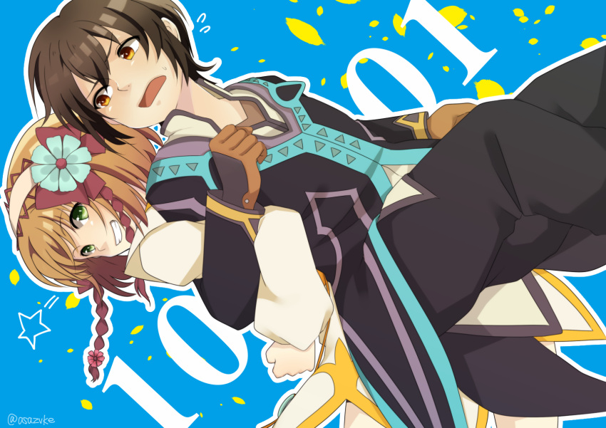 1boy 1girl :o asazuke25 back-to-back black_hair blue_background brown_eyes brown_hair flower gloves green_eyes grin hair_flower hair_ornament hairband highres jacket jude_mathis leia_rolando locked_arms open_mouth pants short_hair smile tales_of_(series) tales_of_xillia twitter_username