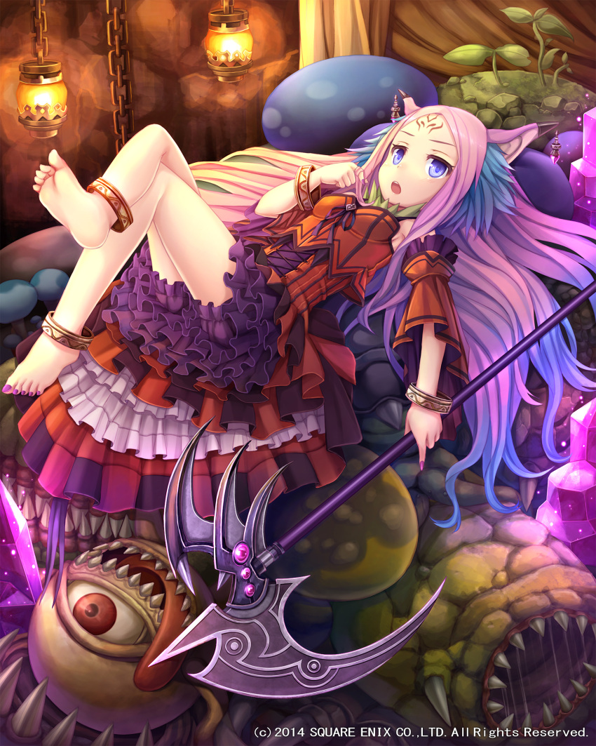 1girl :o anklet barefoot blonde_hair blue_hair blush bracelet demon_girl facial_mark hair_twirling highres jewelry lantern long_hair looking_at_viewer lost_crusade lying monster multicolored_hair nail_polish namaru_(summer_dandy) on_back open_mouth pink_hair scythe solo toes very_long_hair violet_eyes weapon