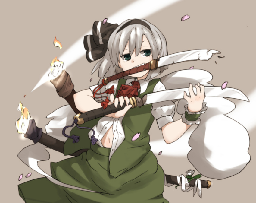 1girl amonitto green_eyes hair_ribbon katana konpaku_youmu konpaku_youmu_(ghost) midriff mouth_hold navel open_clothes open_vest petals puffy_short_sleeves puffy_sleeves ribbon shirt short_sleeves silver_hair skirt skirt_set solo sword touhou vest weapon wrist_cuffs