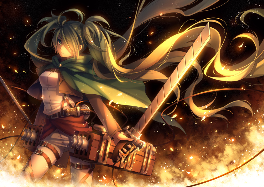 1girl cape fire green_eyes green_hair hair_over_one_eye hatsune_miku holster leg_belt long_hair long_sleeves looking_at_viewer open_clothes open_vest pants parody shingeki_no_kyojin shirt solo sword thigh_holster three-dimensional_maneuver_gear tidsean twintails very_long_hair vest vocaloid weapon