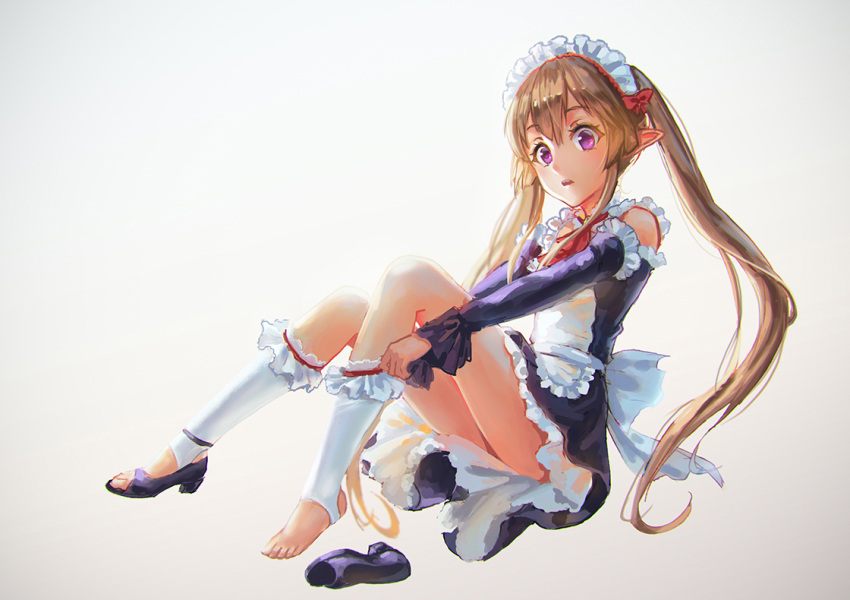 1girl adjusting_clothes adjusting_legwear apron brown_hair choker detached_sleeves dress elf frilled_dress frilled_legwear frilled_sleeves frills full_body leg_warmers long_hair looking_at_viewer maid maid_headdress myucel_foalan open_mouth outbreak_company pointy_ears rakuhei red_ribbon ribbon sandals simple_background single_shoe sitting smile solo toeless_socks twintails very_long_hair violet_eyes waist_apron white_background white_legwear