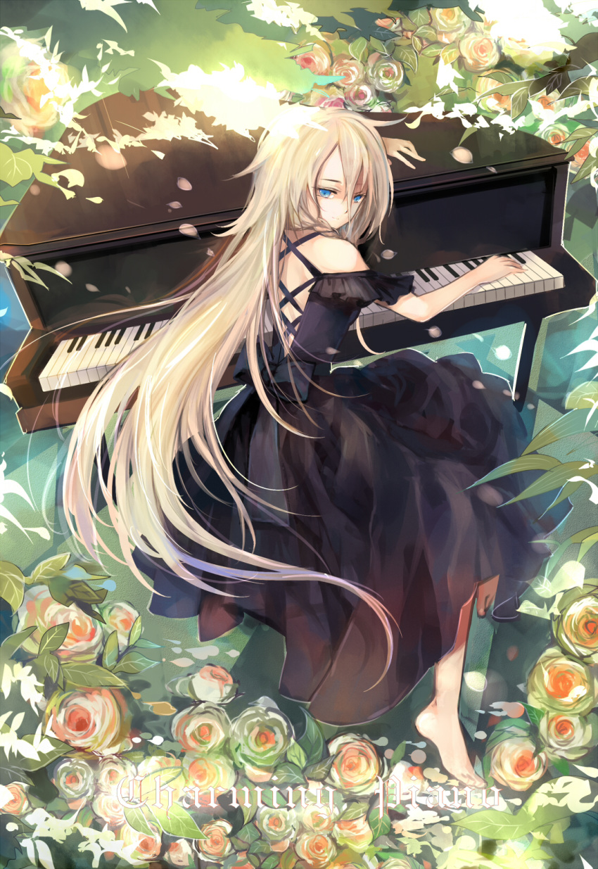 1girl aki_(wishtakeme) background_text barefoot blonde_hair blue_eyes dress english flower highres ia_(vocaloid) instrument long_hair looking_back piano rose sitting solo very_long_hair vocaloid