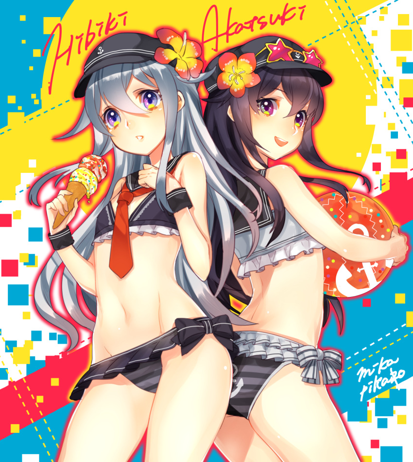 2girls akatsuki_(kantai_collection) anchor_symbol artist_name back-to-back ball bare_legs bare_shoulders beachball bikini character_name cowboy_shot flat_cap flat_chest flower food frilled_bikini frills glasses_on_head hair_flower hair_ornament hat hibiki_(kantai_collection) hibiscus highres ice_cream kantai_collection looking_at_viewer looking_back mika_pika_zo multiple_girls navel purple_hair sailor_collar silver_hair star-shaped_glasses striped striped_bikini striped_swimsuit swimsuit violet_eyes wristband