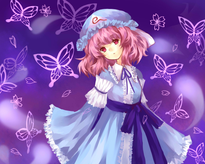 1girl butterfly expressionless frilled_sleeves frills highres japanese_clothes kimono meshi-dan mob_cap pink_eyes pink_hair saigyouji_yuyuko short_hair touhou triangular_headpiece wide_sleeves