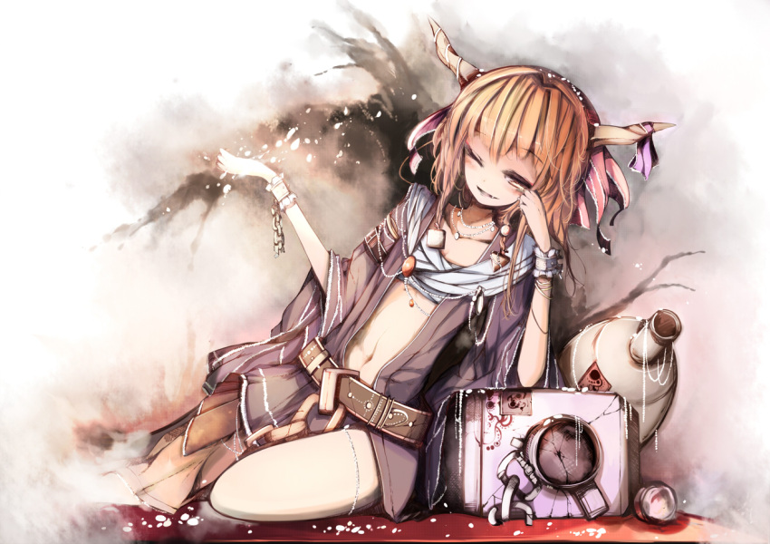 1girl alternate_costume belt blonde_hair chain collarbone cuffs dress hair_ribbon horn_ribbon horns ibuki_suika jewelry midriff navel necklace ofuda one_eye_closed open_clothes open_dress purple_dress ribbon scarf shackles sitting smile solo touhou venomrobo wide_sleeves yellow_eyes