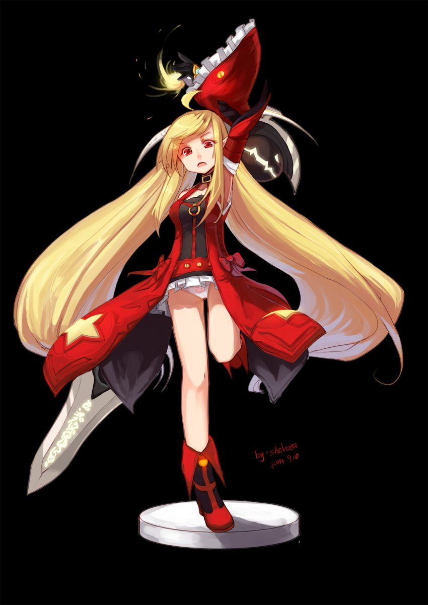 1girl 2014 arm_up black_background blonde_hair coat dated detached_sleeves dungeon_and_fighter gloves highres long_hair mage_(dungeon_and_fighter) magic miniskirt open_mouth panties pantyshot pantyshot_(standing) print_panties red_eyes sheltea shoes signature skirt solo standing standing_on_one_leg sword twintails underwear very_long_hair weapon white_panties white_skirt