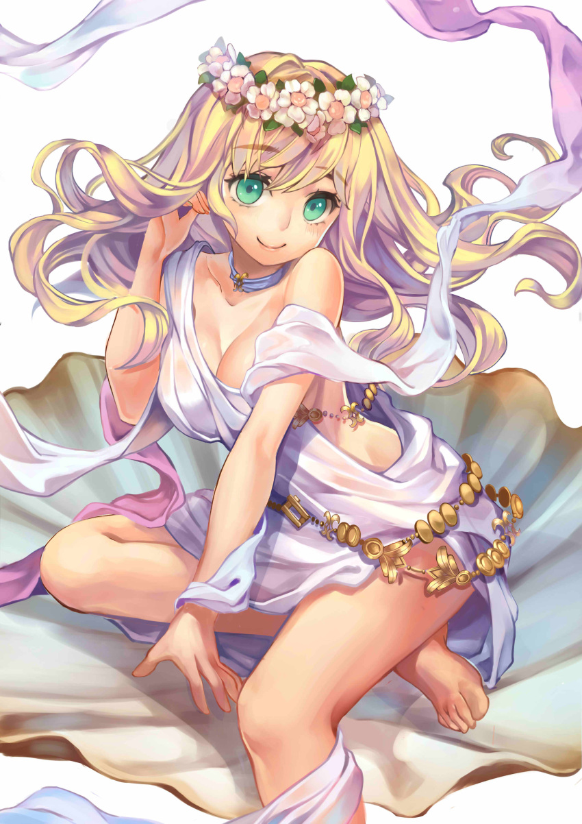 1girl absurdres artist_request blonde_hair breasts cleavage flower_wreath green_eyes highres jam_roll original robe shell tagme