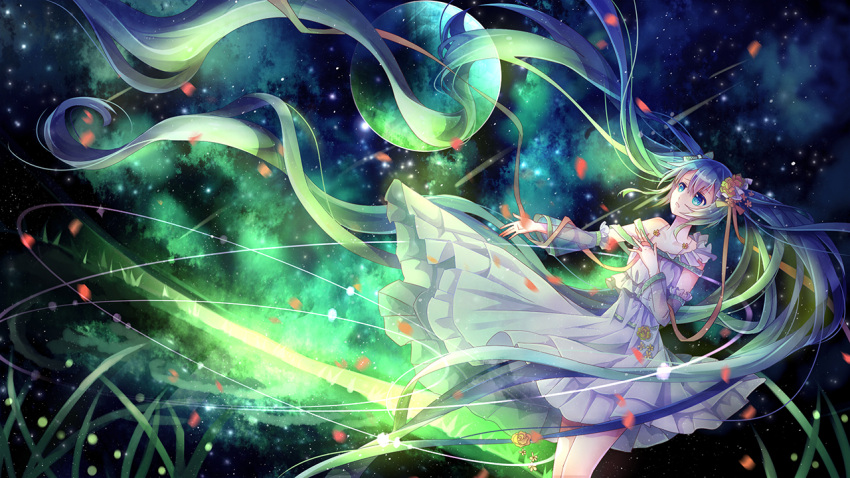 1girl absurdly_long_hair aqua_eyes detached_sleeves dress floating_hair green_hair hatsune_miku long_hair outstretched_arm see-through solo twintails very_long_hair vocaloid yasato