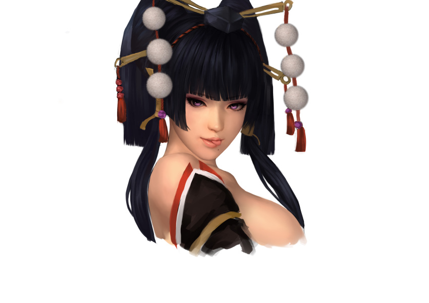 1girl absurdres bangs black_hair blunt_bangs breasts bust dead_or_alive dead_or_alive_5 face hair_ornament hair_stick hat highres large_breasts long_hair looking_at_viewer mole nyotengu oinari_risuru solo tokin_hat tongue tongue_out violet_eyes white_background