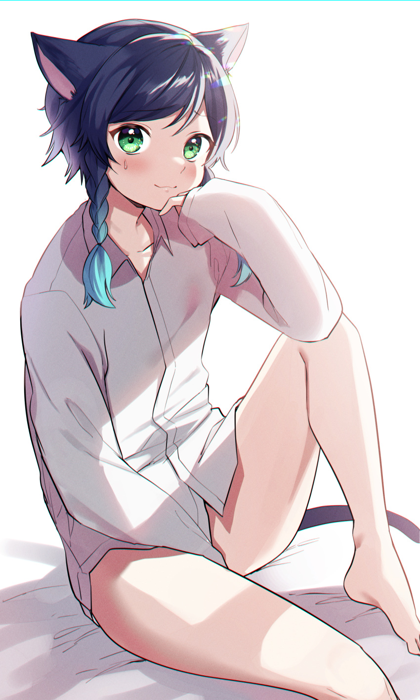 1boy absurdres androgynous animal_ears bangs black_hair blue_hair blush braid cat_day cat_ears cat_tail collared_shirt commentary_request eyebrows_visible_through_hair genshin_impact gradient_hair green_eyes highres kazepana long_sleeves looking_at_viewer male_focus multicolored_hair no_pants shirt short_hair_with_long_locks side_braids sidelocks simple_background sitting smile solo sweatdrop tail twin_braids venti_(genshin_impact) white_background white_shirt