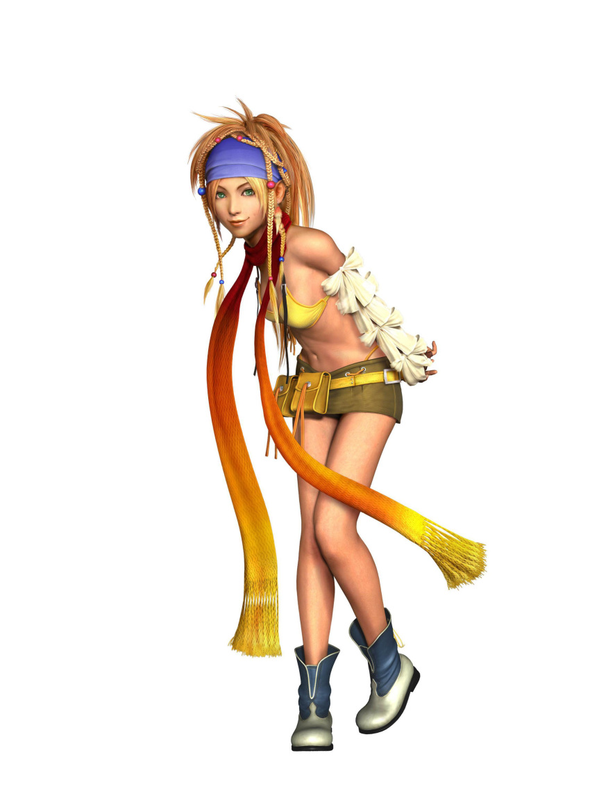 1girl 3d absurdres al_bhed_eyes arms_behind_back bandana bare_legs beads belt_pouch bikini blonde_hair blue_bandana braid closed_mouth detached_sleeves earrings feather_earrings final_fantasy final_fantasy_x final_fantasy_x-2 full_body green_eyes hair_beads headband highres midriff miniskirt navel rikku scarf simple_background skirt smile solo swimsuit white_background