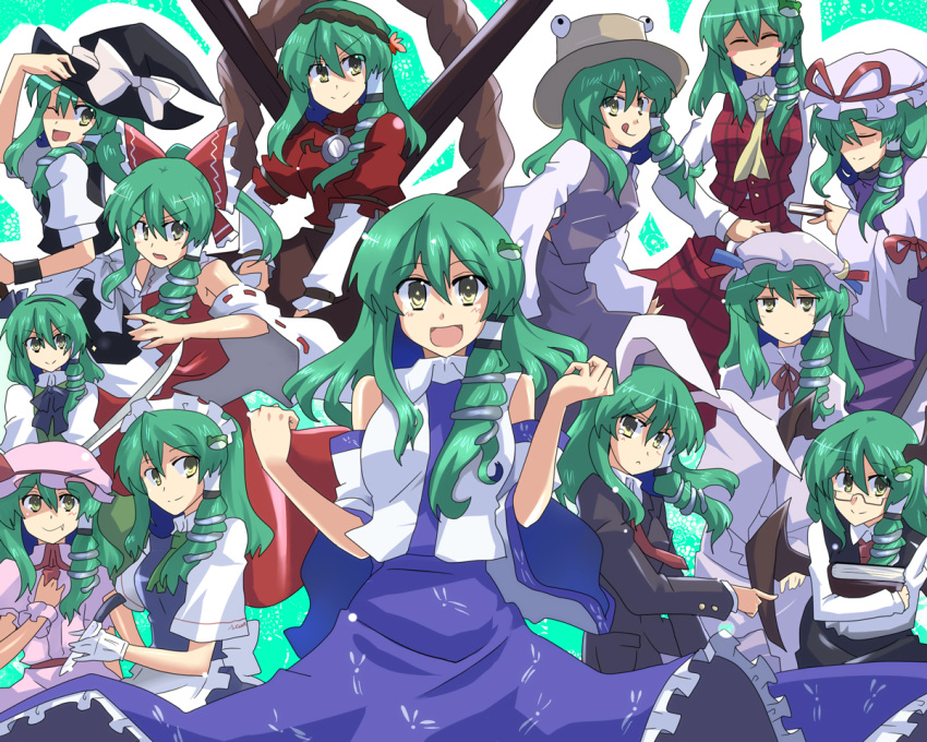 &gt;:) :q alternate_costume animal_ears ascot bat_wings bespectacled blush_stickers book bunny_ears cosplay enmaided fang glasses green_hair hakurei_reimu hakurei_reimu_(cosplay) hat head_wings izayoi_sakuya izayoi_sakuya_(cosplay) kazami_yuuka kazami_yuuka_(cosplay) kirisame_marisa kirisame_marisa_(cosplay) knife koakuma koakuma_(cosplay) kochiya_sanae konpaku_youmu konpaku_youmu_(cosplay) maid moriya_suwako moriya_suwako_(cosplay) multiple_persona patchouli_knowledge patchouli_knowledge_(cosplay) plaid plaid_skirt plaid_vest reisen_udongein_inaba reisen_udongein_inaba_(cosplay) remilia_scarlet remilia_scarlet_(cosplay) shaded_face skirt skirt_set smile sword tongue toro_(nightlord) toro_(pixiv) touhou weapon wings witch_hat yakumo_yukari yakumo_yukari_(cosplay) yasaka_kanako yasaka_kanako_(cosplay) yellow_eyes