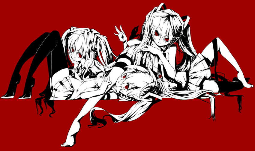 bad_id clone detached_sleeves equ hatsune_miku long_hair monochrome multiple_girls red_eyes simple_background skirt smile spot_color thigh-highs thighhighs twintails vocaloid zettai_ryouiki