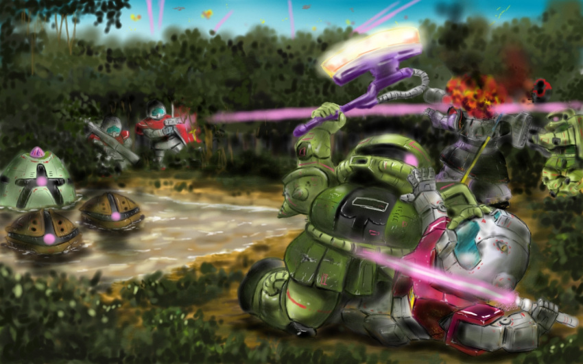 axe battle bazooka beam_rifle chibi decapitation dom energy_sword explosion firing gm_(mobile_suit) gun gundam jungle laser mecha mobile_suit_gundam nature shield submerged sword tree wallpaper war weapon yanogon zaku zaku_ii zaku_ii_f/j zock