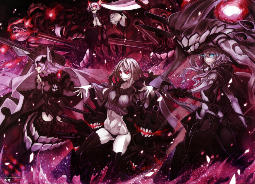 4girls absurdres anchorage_oni aqua_eyes artist_request ass bodysuit breasts cannon cape claws gauntlets gloves glowing glowing_eyes grey_hair highres kantai_collection long_hair monster_girl multiple_girls panties red_eyes shinkaisei-kan silver_hair southern_ocean_oni staff ta-class_battleship twintails underwear white_skin wo-class_aircraft_carrier