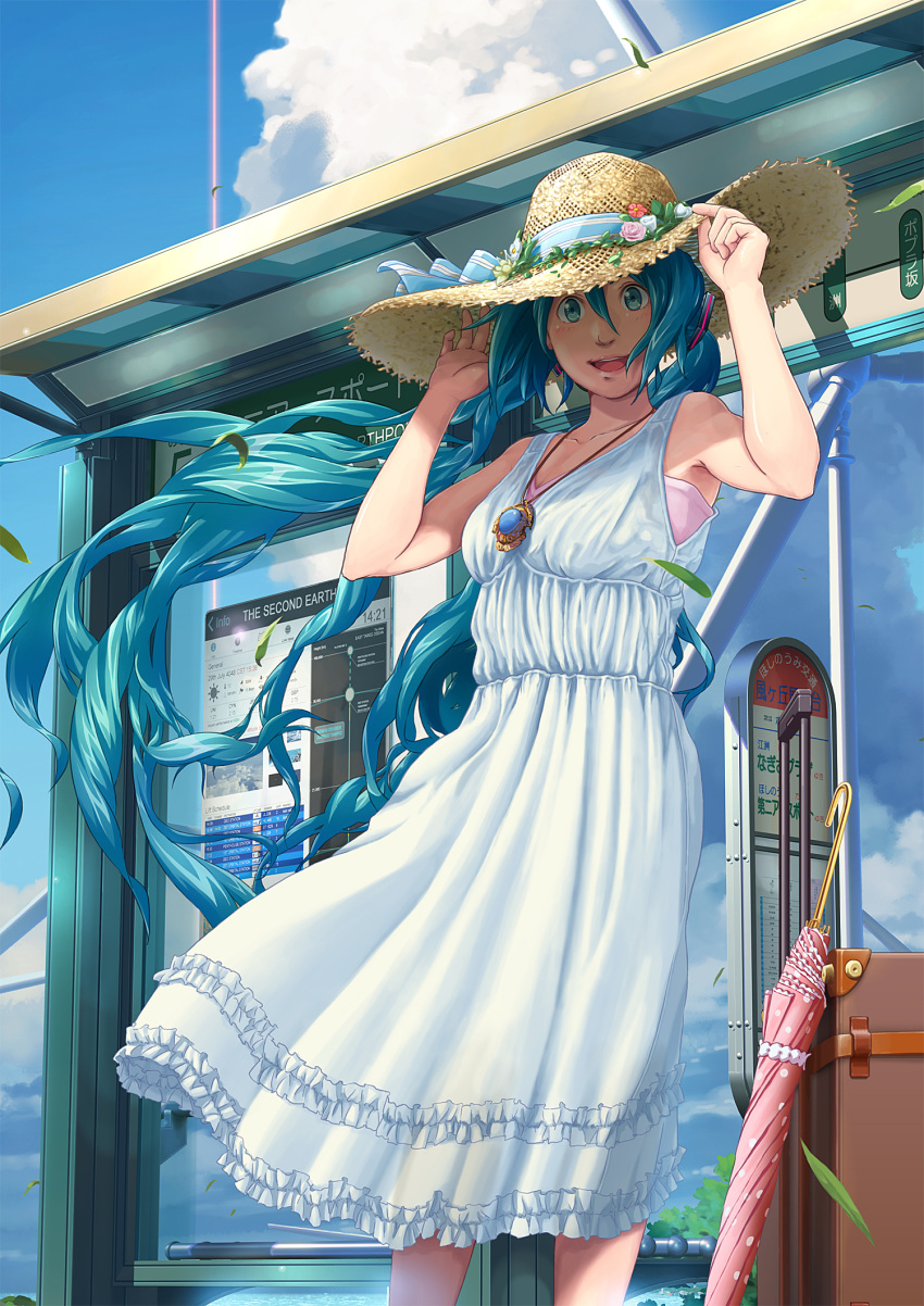 1girl adjusting_clothes adjusting_hat aqua_eyes aqua_hair arms_up bus_stop dress hat hatsune_miku highres isai_shizuka jewelry long_hair necklace pendant sky sleeveless smile solo straw_hat sundress twintails umbrella very_long_hair vocaloid