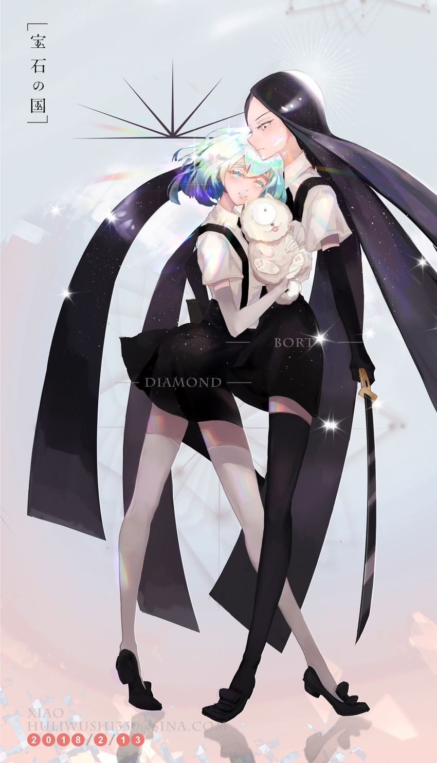 absurdres androgynous animal black_eyes black_hair bort character_name copyright_name diamond_(houseki_no_kuni) elbow_gloves fox_shaman gem_uniform_(houseki_no_kuni) gloves highres houseki_no_kuni long_hair looking_at_another looking_at_viewer multicolored multicolored_eyes multicolored_hair necktie rainbow_eyes rainbow_hair shiro_(houseki_no_kuni) short_hair shorts smile suspenders sword thigh-highs very_long_hair weapon