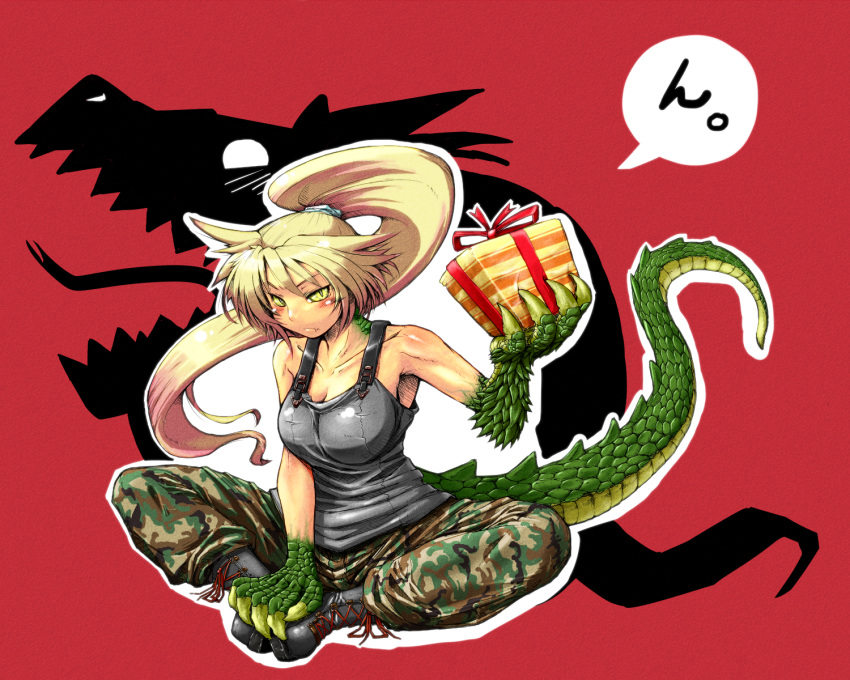 1girl 2012 blonde_hair blush borrowed_character box breasts butterfly_sitting camouflage camouflage_pants claws cleavage collarbone combat_boots dexsini dragon_girl dragon_tail fang gift gift_box green_eyes high_ponytail highres large_breasts long_hair monster_girl original pants scales slit_pupils solo tail tank_top toned