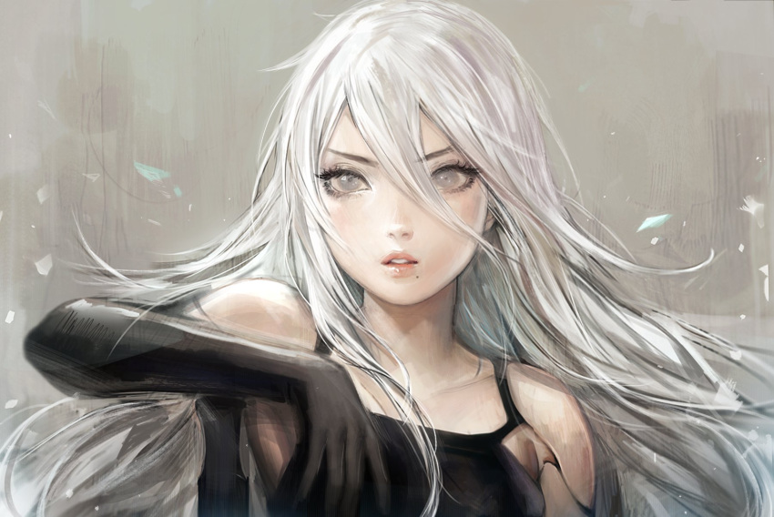 1girl bare_shoulders black_gloves collarbone elbow_gloves gloves highres long_hair looking_at_viewer mole mole_under_mouth nier_(series) nier_automata parted_lips pink_lips simple_background solo tank_top viorie white_background white_eyes white_hair yorha_type_a_no._2