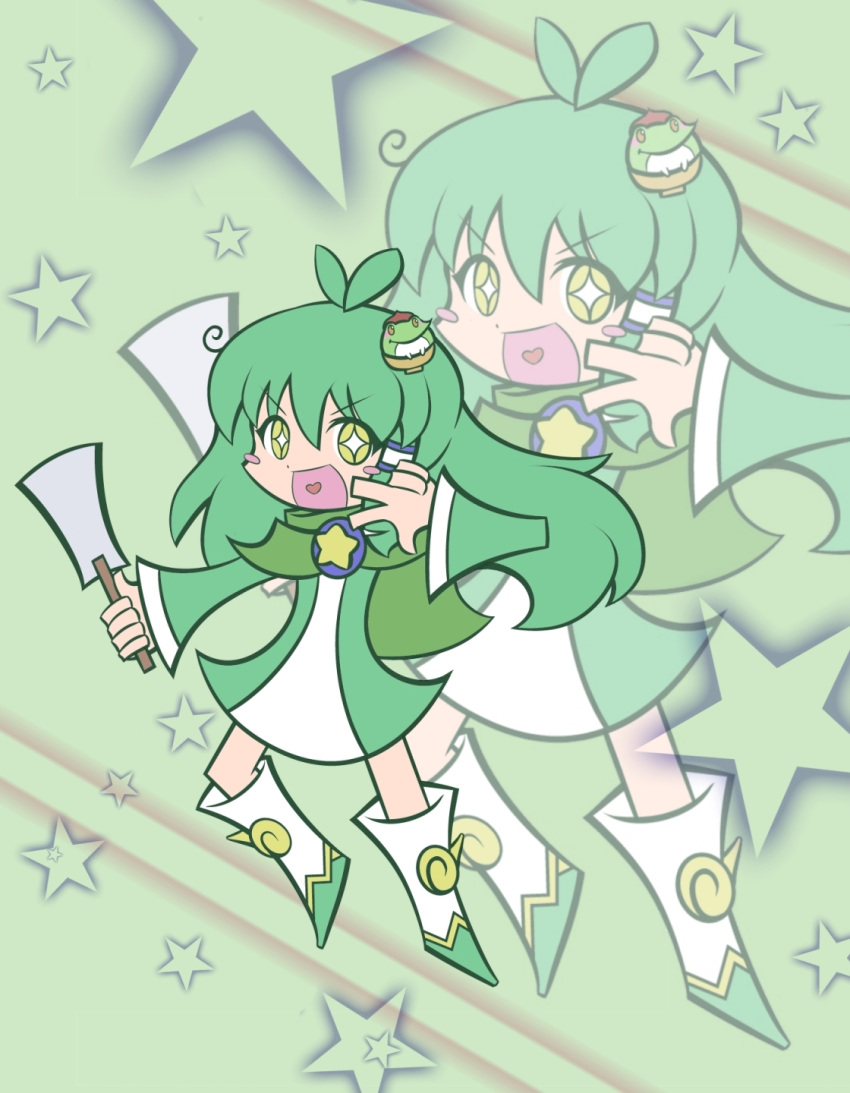 1girl alternate_costume blush_stickers cape copyright_request frog frog_hair_ornament gohei green_eyes green_hair hair_ornament heart highres kochiya_sanae long_hair open_mouth parody smile snake snake_hair_ornament solo sparkle sparkle_eyes star style_parody style_request touhou v ziogon zoom_layer