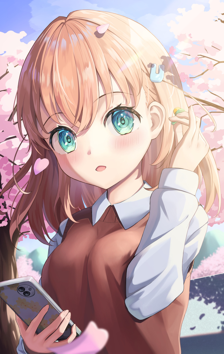 1girl absurdres alternate_costume aqua_eyes asumi_dori blue_sky blush breasts brown_sweater_vest cherry_blossoms collared_shirt commentary_request crossed_bangs earphones falling_petals hair_ornament highres hinoshita_kaho holding holding_earphones holding_phone link!_like!_love_live! looking_at_viewer love_live! medium_breasts medium_hair open_mouth orange_hair petals phone pink_petals rabbit_hair_ornament shadow shirt sky smile solo sweater_vest two_side_up virtual_youtuber white_shirt wireless_earphones