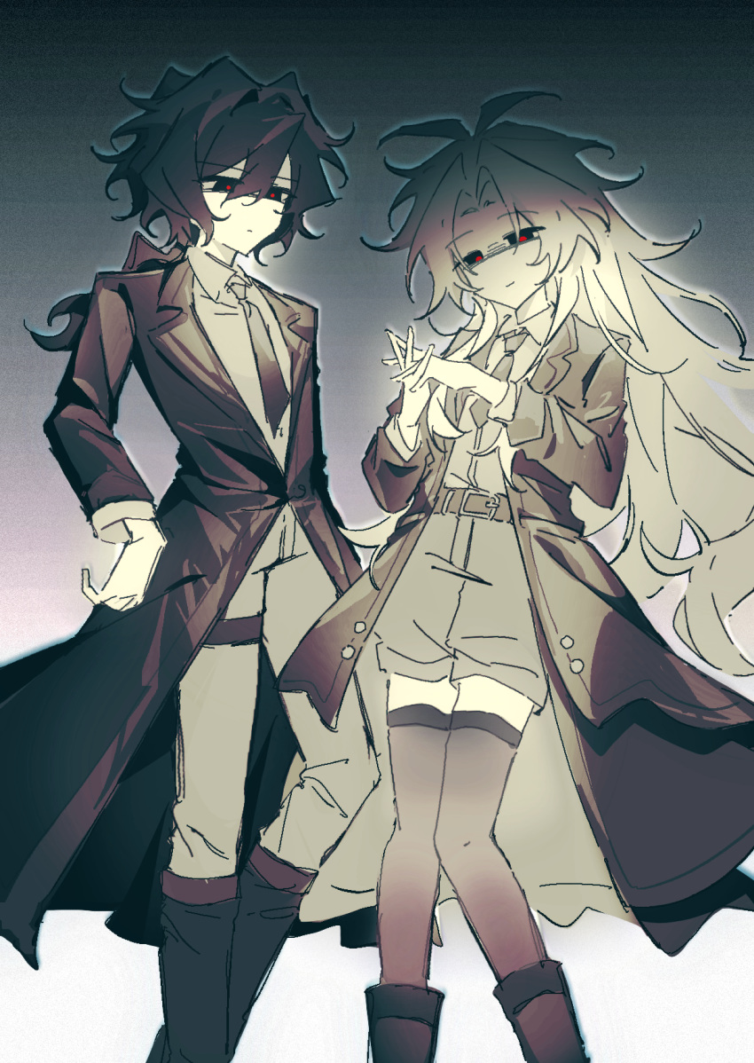 2boys alternate_costume alternate_hair_length alternate_hairstyle antenna_hair belt boots chinese_commentary closed_mouth coat collared_shirt commentary_request expressionless feet_out_of_frame greyscale hair_between_eyes hand_on_own_hip hatsutori_hajime highres interlocked_fingers jiekuijiangshadaonijiamenkou long_hair long_sleeves low_ponytail male_focus monochrome multiple_boys necktie open_clothes open_coat pants parted_bangs ponytail red_pupils saibou_shinkyoku shirt shorts smile spot_color thigh-highs utsugi_noriyuki