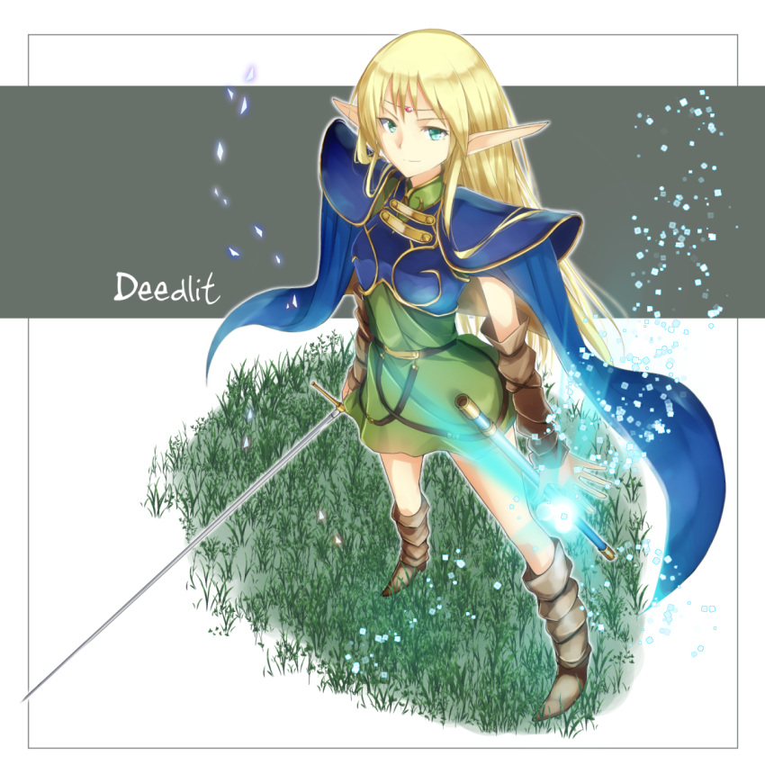 1girl aqua_eyes arm_warmers blonde_hair boots cape character_name deedlit elf highres light_particles long_hair masamuuu pointy_ears record_of_lodoss_war scabbard sheath solo standing sword very_long_hair weapon