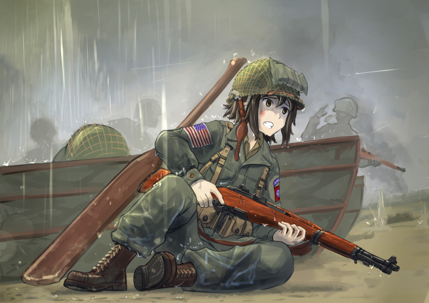 1girl america american_flag beach blood blood_on_face boat boots brown_boots brown_eyes brown_hair clenched_teeth cross-laced_footwear erica_(naze1940) flag gun helmet highres historical_event holding holding_gun holding_weapon invasion_of_normandy jacket lace-up_boots long_sleeves m1_garand military military_uniform oar original outdoors pants pocket rain real_life rifle short_hair soldier solo_focus storm uniform weapon world_war_ii