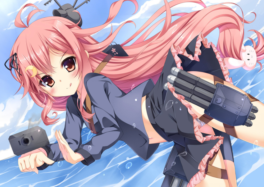 &gt;:q 1girl :q ahoge aiming_at_viewer black_legwear black_skirt blue_sky blush bunny_hair_ornament crescent_hair_ornament dutch_angle frilled_skirt frills fujieda_uzuki hair_ornament kantai_collection kneehighs long_hair long_sleeves looking_at_viewer low-tied_long_hair machinery midriff neckerchief ocean one_leg_raised panties panty_peek pink_eyes pink_hair pleated_skirt sailor_collar school_uniform serafuku skirt sky solo striped striped_panties thigh_strap tongue tongue_out underwear uzuki_(kantai_collection) very_long_hair