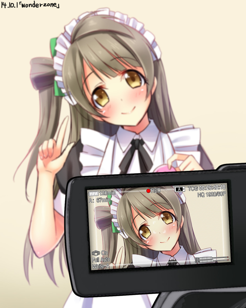 1girl blurry blush brown_hair depth_of_field head_tilt highres long_hair looking_at_viewer love_live!_school_idol_project maid maid_headdress minami_kotori pointing pointing_up smile solo viewfinder yellow_eyes yu-ta
