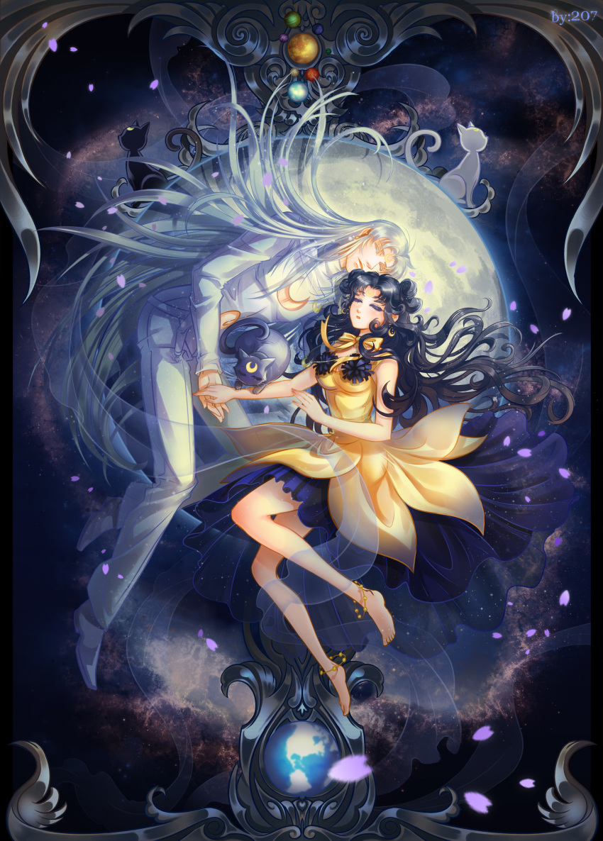 1boy 1girl 207 absurdres anklet artemis_(sailor_moon) artemis_(sailor_moon)_(human) artist_name barefoot bishoujo_senshi_sailor_moon black_hair cat closed_eyes crescent_moon dress earrings earth facial_mark forehead_mark full_body full_moon highres jewelry long_hair luna_(sailor_moon) luna_(sailor_moon)_(human) moon pants personification petals planet silver_hair touching white_pants