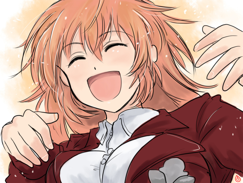 1girl :d blush bust buttons charlotte_e_yeager closed_eyes dress_shirt happy jacket light_particles long_hair long_sleeves military military_uniform mishiro_shinza open_mouth orange_hair shirt smile solo strike_witches uniform