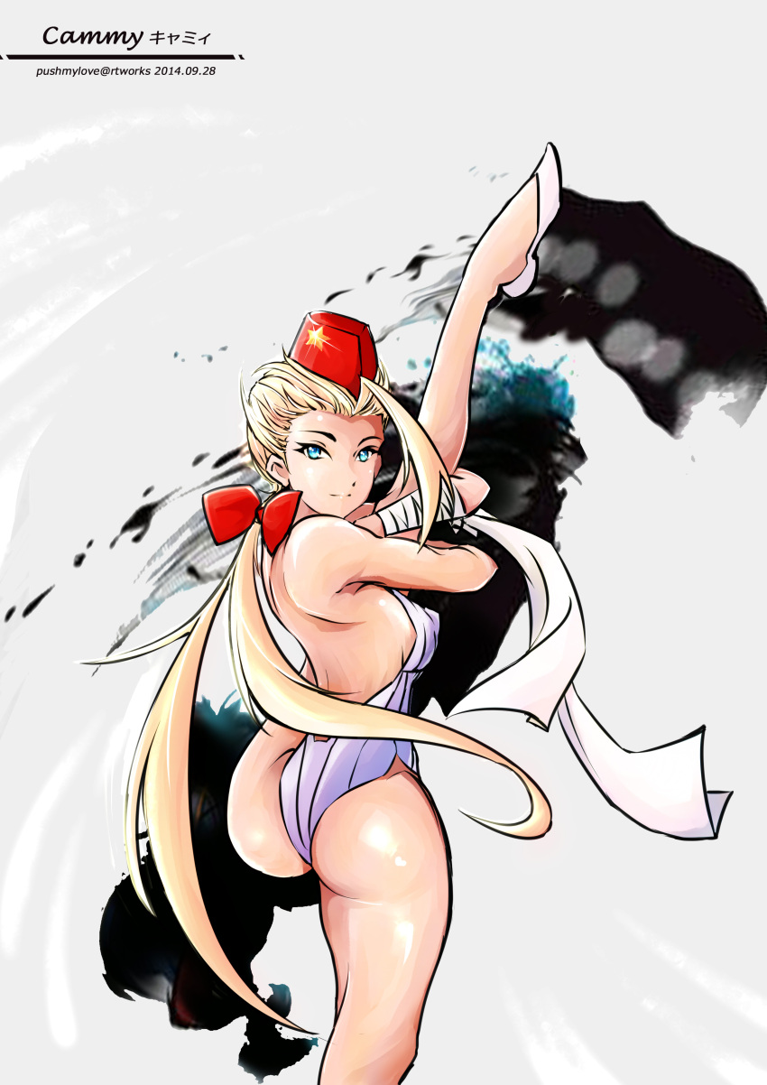 1girl absurdres ahoge alternate_hairstyle artist_name ass blonde_hair blue_eyes bow breasts cammy_white flats flexible garrison_cap hair_bow hat highres huge_ahoge leotard long_hair looking_back pushmylove ribbed_leotard sideboob smile solo split_ponytail standing_on_one_leg street_fighter