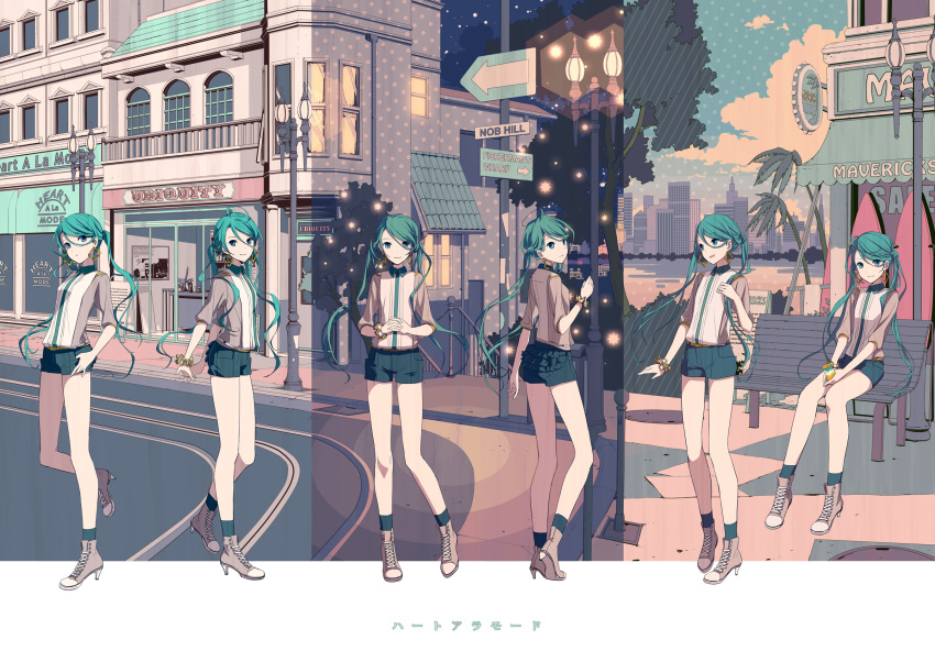 bench blue_eyes casual earrings hatsune_miku highres ixima jewelry multiple_girls multiple_persona road shorts smile soda_can street twintails vocaloid