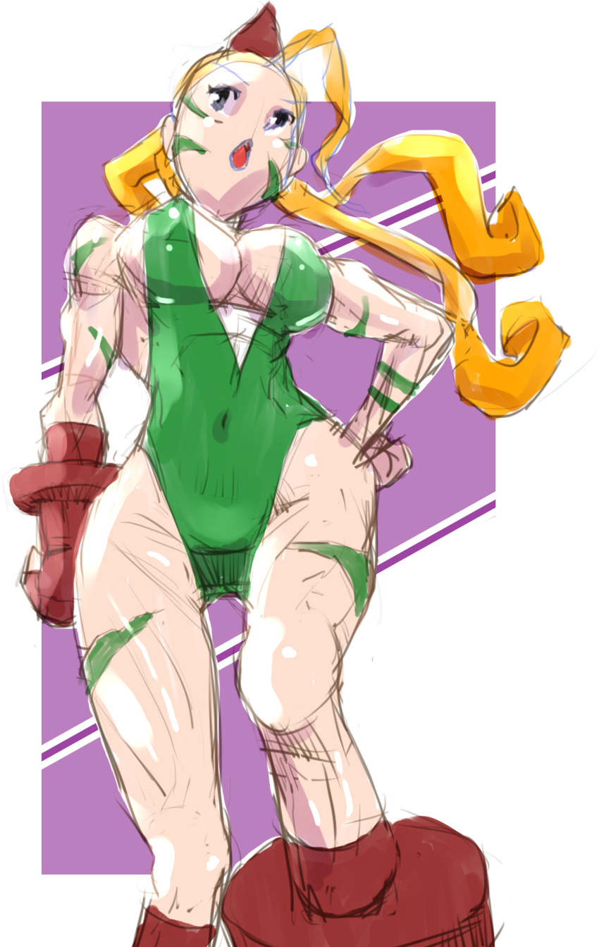 1girl adapted_costume ahoge beret blonde_hair breasts cammy_white camouflage center_opening cleavage combat_boots facepaint gloves hat highres huge_ahoge large_breasts leotard long_hair samon sideboob sketch solo street_fighter twintails wrestling_outfit