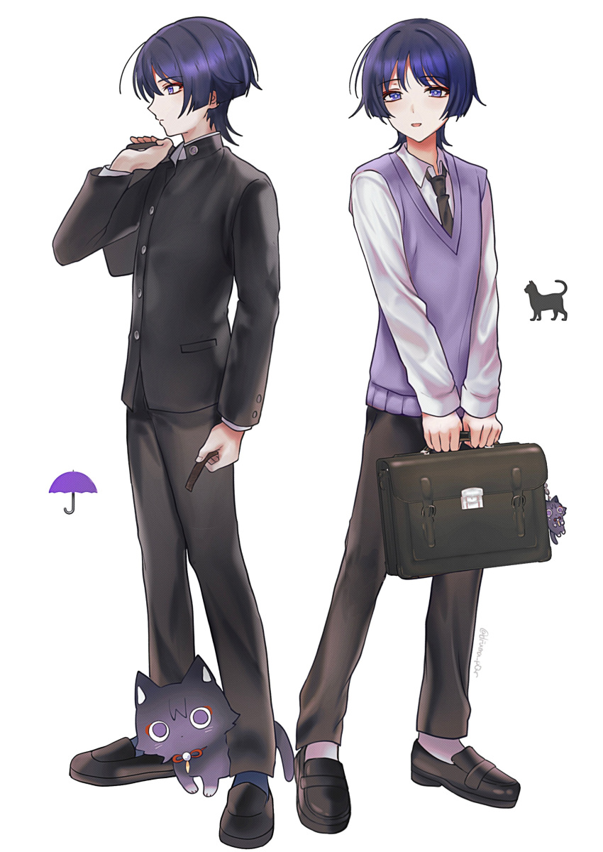 2boys absurdres animal_print bag black_footwear black_hair black_necktie black_pants black_sleeves blue_socks blunt_ends briefcase bright_pupils cardigan cat cat_print collared_shirt dfuma_pqr dual_persona eyeliner eyeshadow gakuran genshin_impact hair_intakes highres holding holding_bag layered_sleeves long_sleeves loose_hair_strand makeup multiple_boys necktie open_mouth pants parted_lips pocket purple_cardigan red_eyeliner red_eyeshadow scaramouche_(cat)_(genshin_impact) scaramouche_(genshin_impact) scaramouche_(kabukimono)_(genshin_impact) school_bag school_briefcase school_uniform shirt shoes socks stuffed_animal stuffed_toy umbrella_print violet_eyes white_background white_pupils white_sleeves white_socks white_undershirt