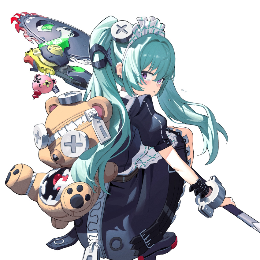 1girl :< aivcv animal_bag apron bear_bag black_dress black_footwear blood blood_on_weapon boots charm_(object) chinese_commentary circular_saw commentary_request corin_wickes cuffs dress full_body green_hair hair_between_eyes highres holding holding_weapon long_hair looking_at_viewer looking_back maid maid_apron maid_headdress puffy_short_sleeves puffy_sleeves saw screw_hair_ornament short_sleeves simple_background solo squatting teardrop tearing_up twintails violet_eyes weapon white_apron white_background zenless_zone_zero zipper zipper_pull_tab