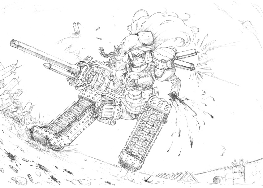 1girl absurdres amputee arm_cannon battle beret blood cigarette damaged dexsini hair_over_one_eye hat highres long_hair mecha_musume military military_vehicle monochrome shell_casing sketch smoking solo tank vehicle weapon