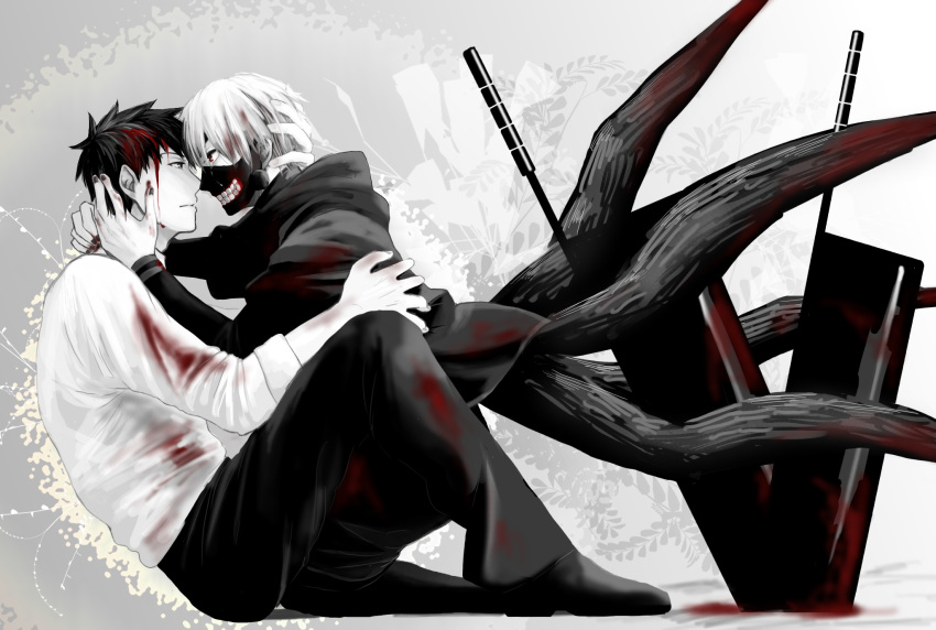 2boys amon_koutarou black_hair blood eye_contact formal highres hoodie hug kagune_(tokyo_ghoul) kaneki_ken looking_at_another mask monochrome multiple_boys necktie red_eyes short_hair sitting suit tokyo_ghoul turtleneck white_hair