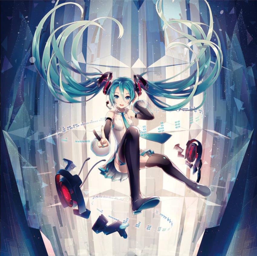 1girl aqua_eyes boots detached_sleeves flying hand_on_headphones hatsune_miku headphones highres ixima long_hair miku_append miniskirt necktie skirt solo thigh-highs thigh_boots twintails v very_long_hair vocaloid vocaloid_append