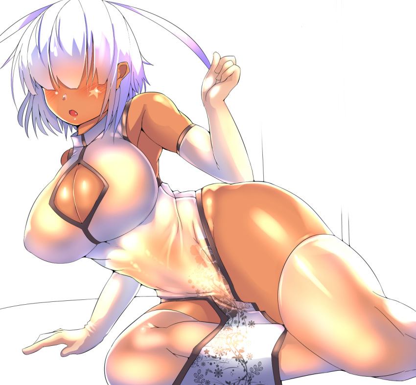 1girl bare_shoulders black_legwear breasts china_dress chinese_clothes cleavage cleavage_cutout dark_skin elbow_gloves gloves hair_over_eyes huge_breasts ordures original parted_lips silver_hair simple_background solo staff star thigh-highs thighs white_background